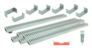 Entwässerungsrinnen Edelstahl superflach Rost Schlitzdesign SET Typ 6, System 35/80